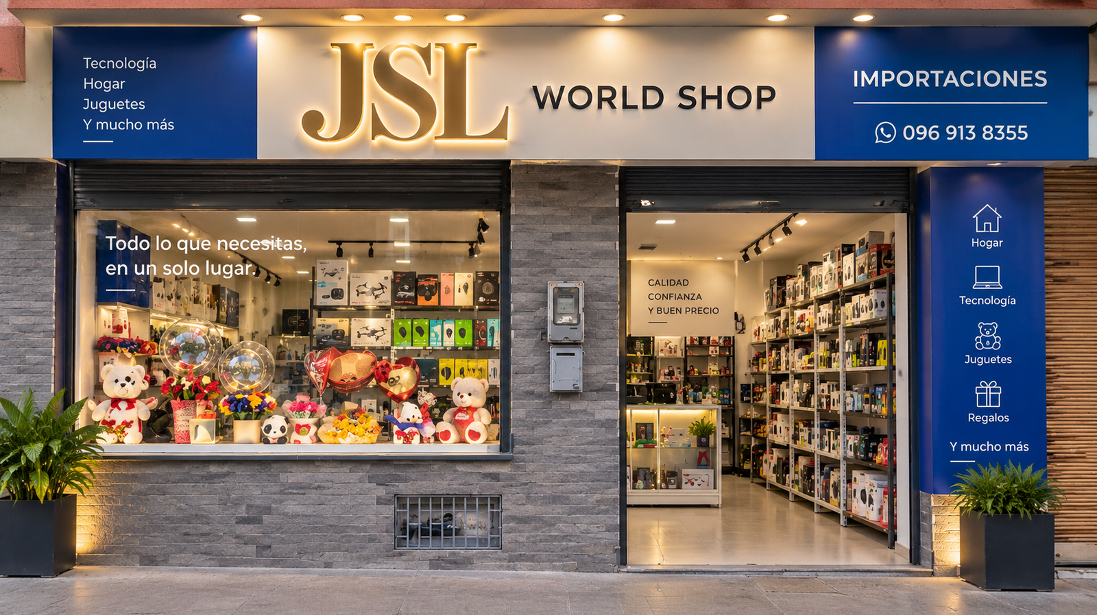 Fachada de JSL World Shop con productos para el hogar, tecnología, juguetes, regalos y artículos de uso diario.